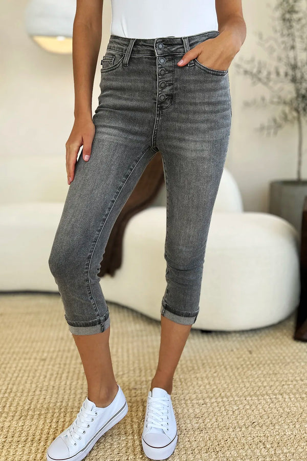 Judy Blue Jeans High Waist Button Fly Cuffed Capris