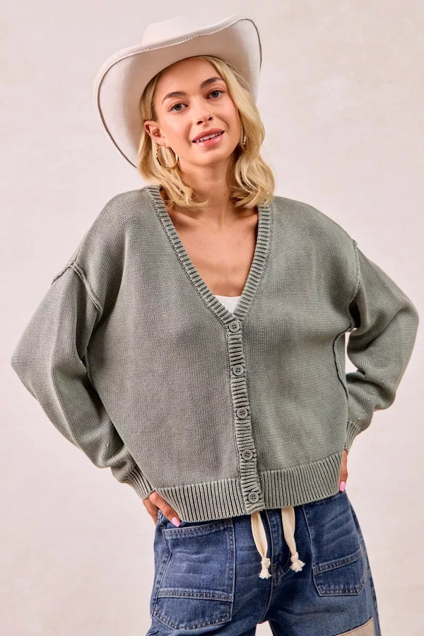 Washed V-Neck Cardigan Sweater