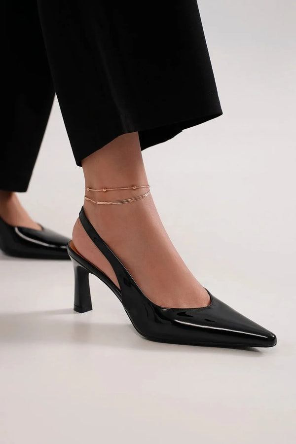 Black Heels Faux Leather Point Toe Slingback Pumps