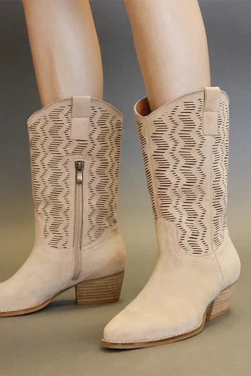 Laser-Cut Faux Suede Block Heel Boots