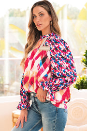 Colorblock patchwork top with shirred and ruffle detailing