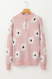 Floral Half Zip Sweater with stand neck zipper detail and stretchy knit