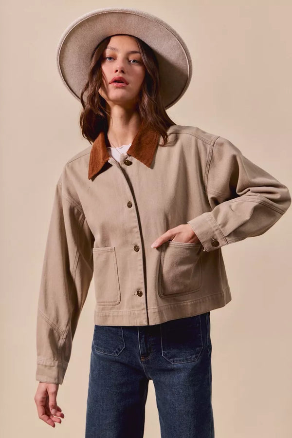 SO ME Cotton Twill Cropped Barn Jacket with Collar