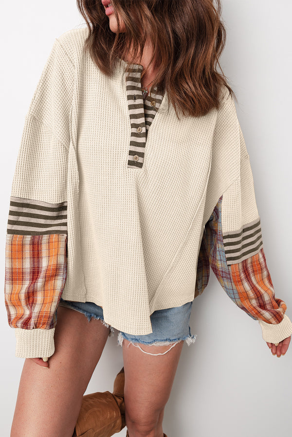 Henley Shirt for Women — Beige Waffle Stripe Plaid Patchwork Knit Top