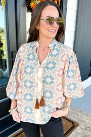 Relaxed shift silhouette Aztec print blouse in khaki