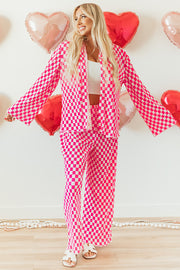 Pink checkered pajama set in smooth 100% polyester for everyday lounging