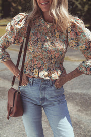 Cropped 100% cotton floral top with puff bubble sleeves