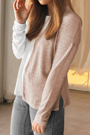 Khaki two-tone crew neck top with relaxed shift silhouette