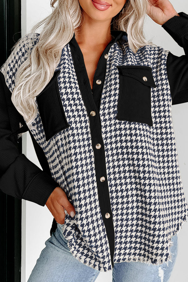 Black Shacket Womens — Houndstooth Corduroy Patchwork Flap Pocket Jacket