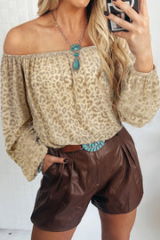 Beige leopard print velvet burnout off-shoulder blouse with sheer see-through texture