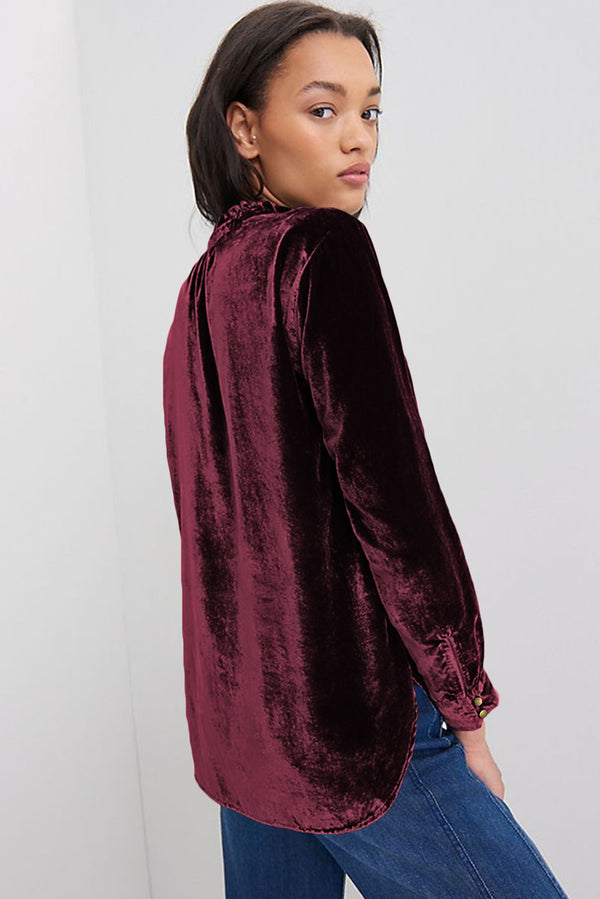 Burgundy Frilled Neck Buttoned Velvet Long Sleeve Top
