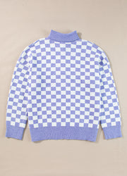 Purple plaid pullover with V-neckline and cozy stretchy fabric blend