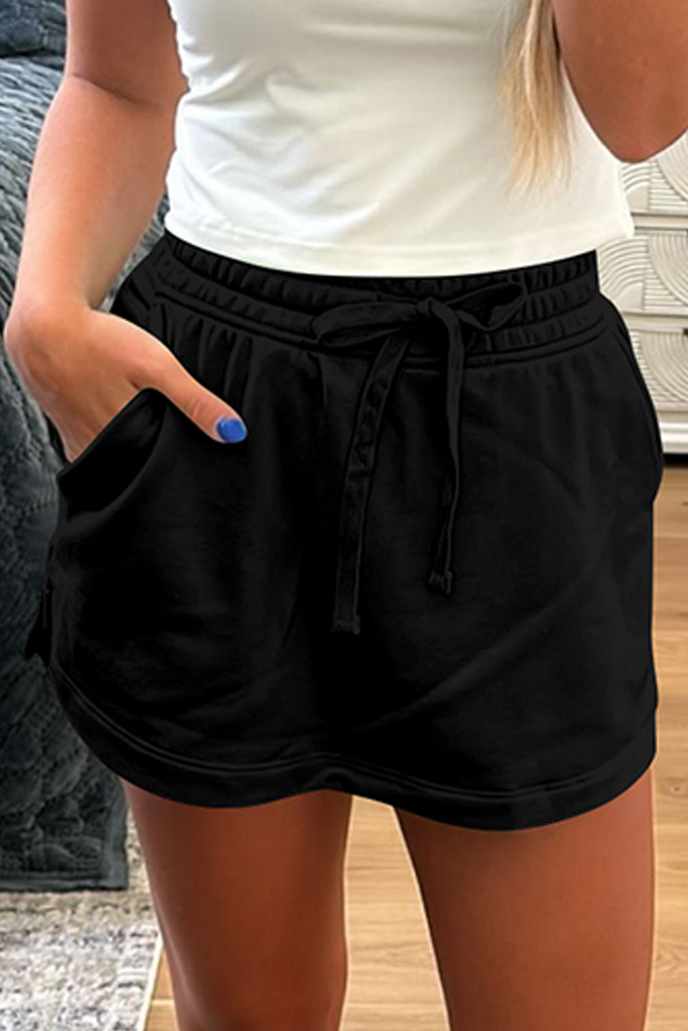 Black French terry drawstring mini skort with side pockets