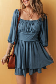 Real Teal frilled neckline mini dress with square collar and ruched layers