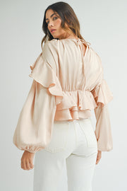 Oatmeal keyhole back ruffled peplum blouse with puff long sleeves