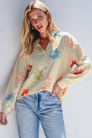 Apricot Stripe floral button-up shirt with turn-down collar