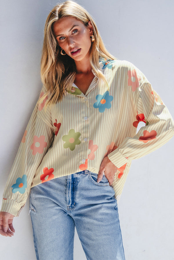 Apricot Stripe Floral Long Sleeve Button-Up Shirt — Loose Fit Womens Top