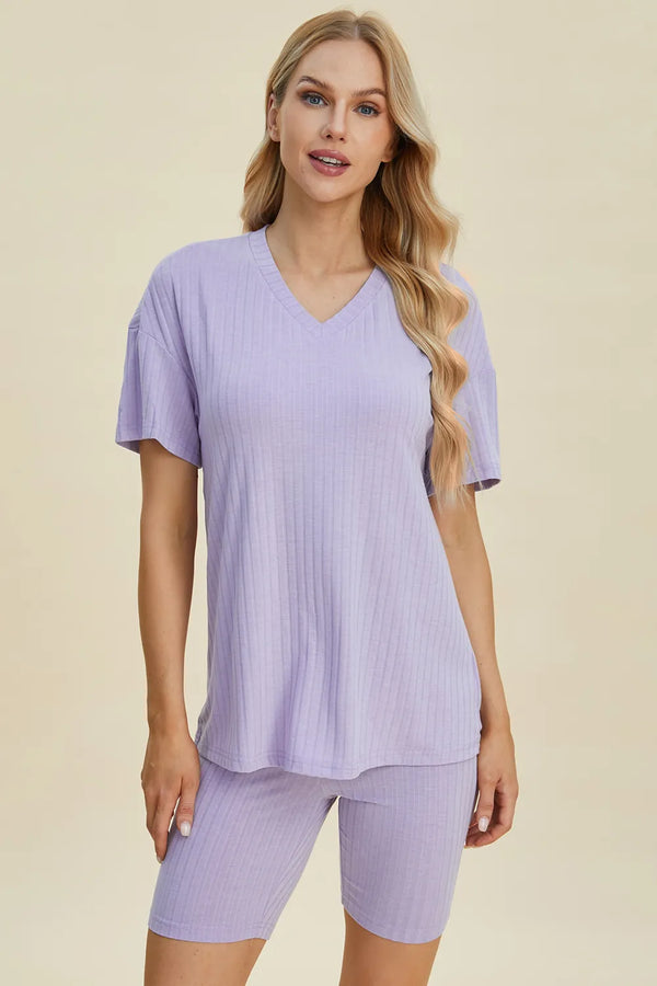 Ribbed V-Neck Top and Shorts Set — Plus Size Two-Piece