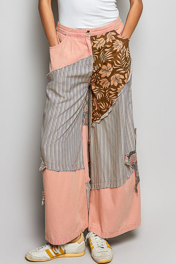 Striped Floral Patchwork Wide Leg Pants with Star Patch