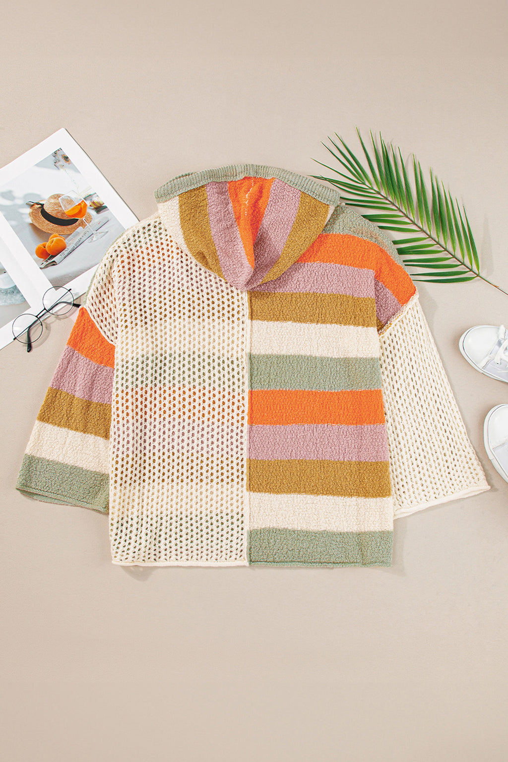 DEAR-LOVER Beige Oversized Colorblock V Neck Hooded Sweater