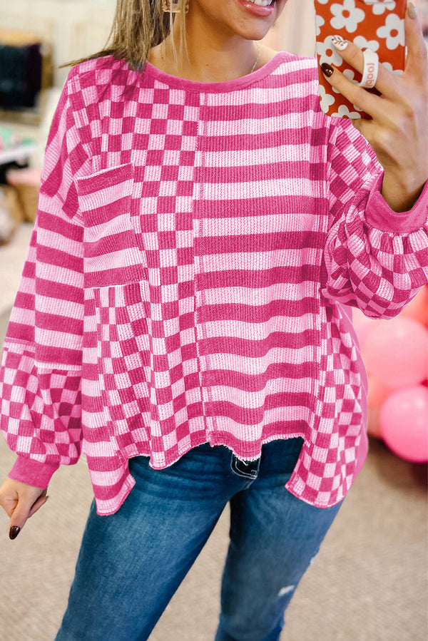 Rose Red Checkerboard Patchwork Lantern Sleeve Blouse