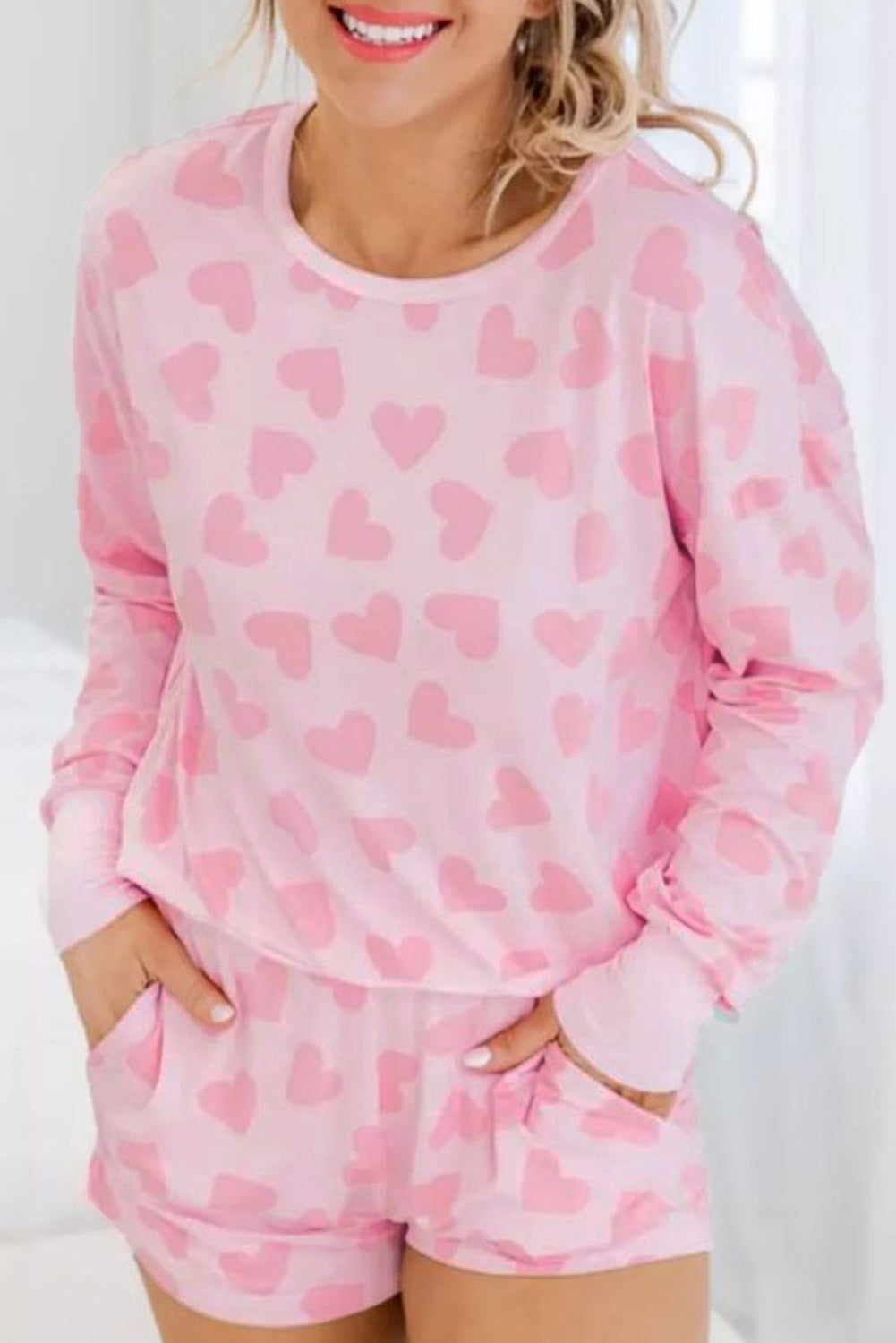 Pink heart print long sleeve top and shorts lounge set with all-over hearts