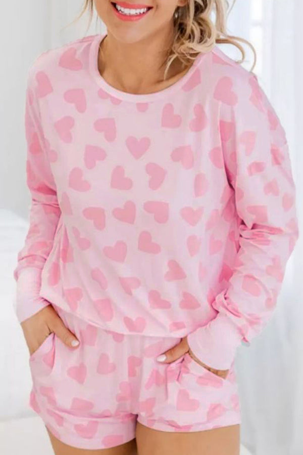Heart Print Long Sleeve Top & Shorts Lounge Set — Pink