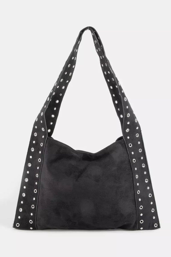Fame Suede Shoulder Bag with Grommet Strap Details