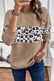 Parchment leopard quilted patchwork crew neck sweatshirt with colorblock detailing