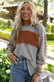 Casual striped colorblock top with round neck and long bishop sleeves