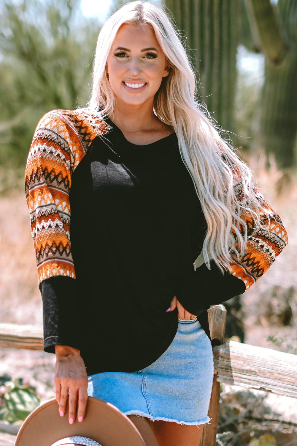 Orange geo print raglan patchwork long sleeve top with round neck