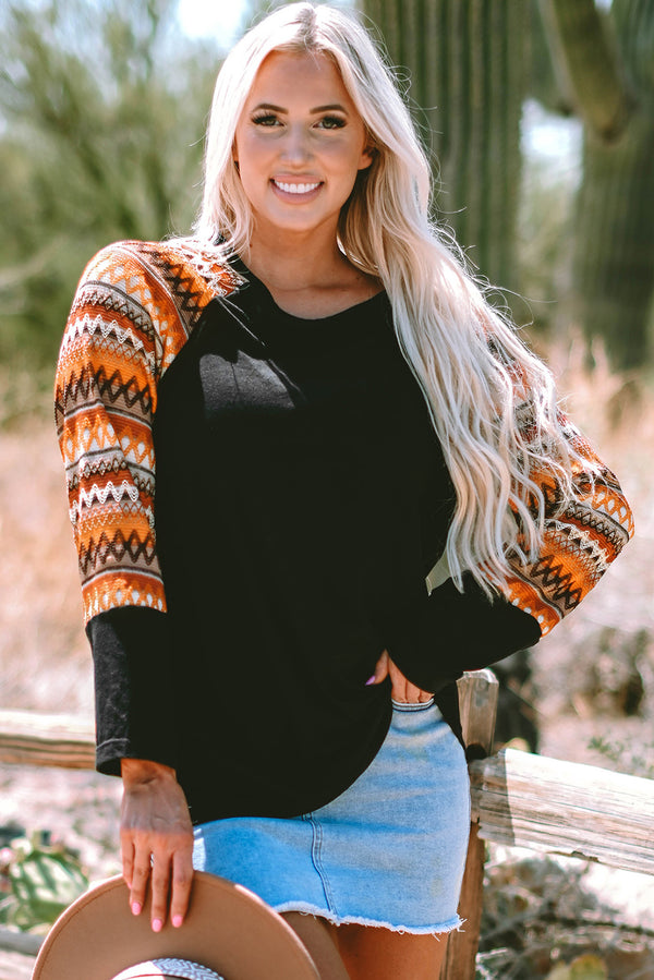 Orange Geo Print Raglan Patchwork Long Sleeve Top