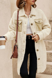 Beige teddy coat with contrast flap pockets and plush fleece texture