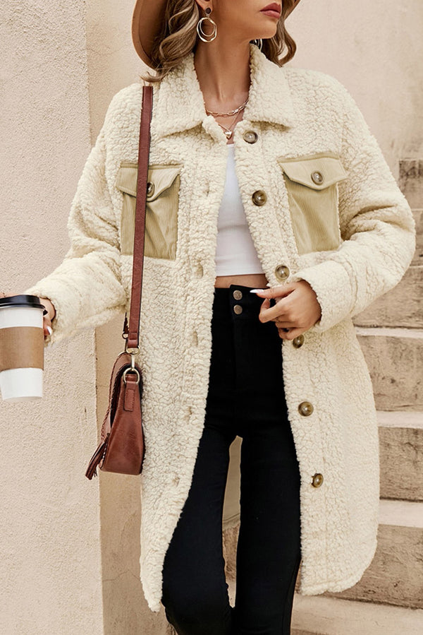 Beige Teddy Single-Breasted Coat with Contrast Flap Pockets