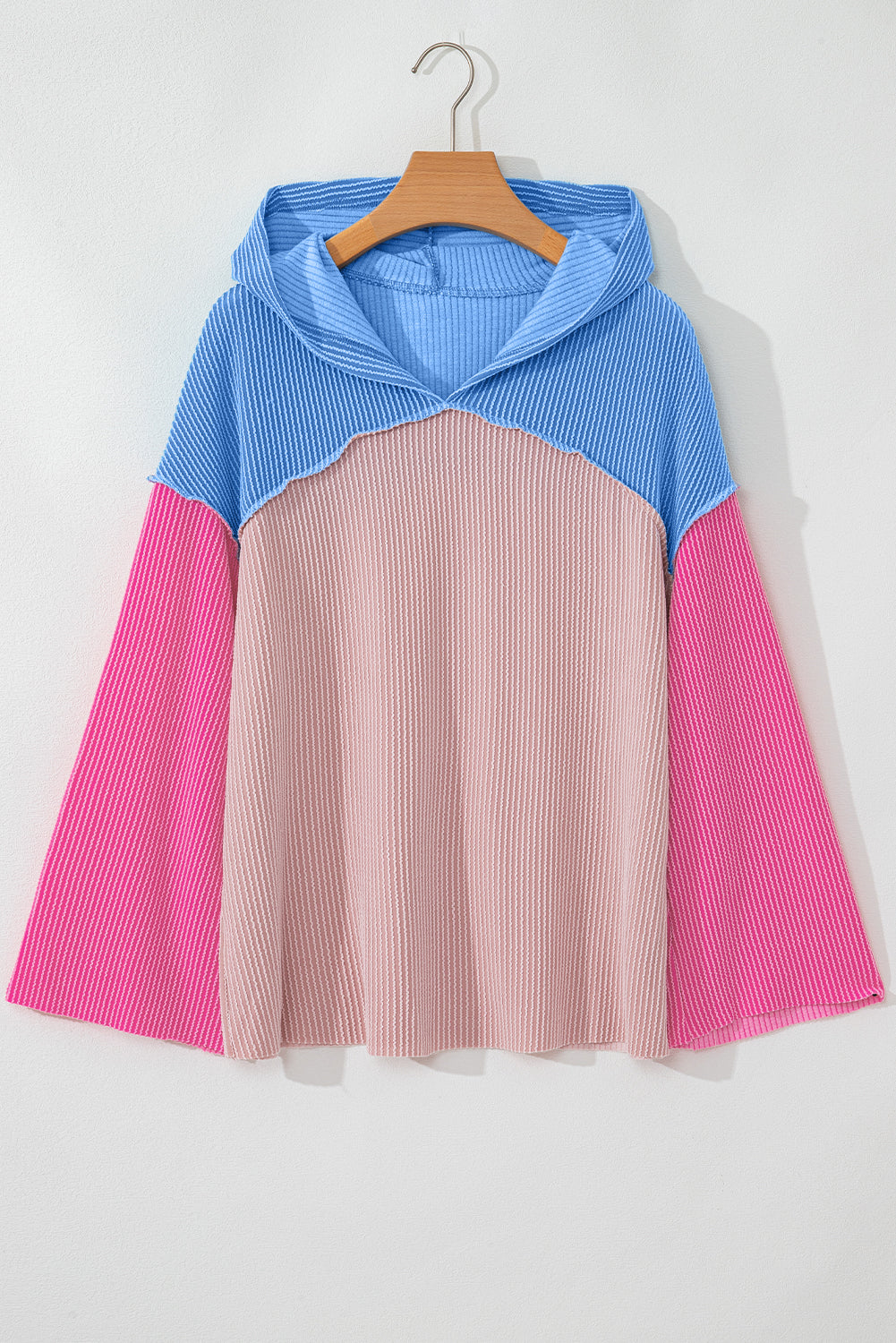 Pink Color Block Patchwork Corded Knit Hooded Blouse