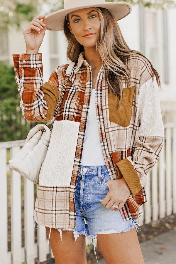 Plaid Shacket – Orange Color Block Patchwork Shirt Jacket with Pocket