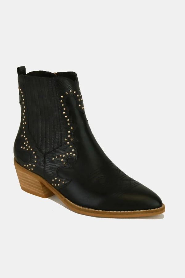 Black Boots with Studded Point Toe & Low Heel