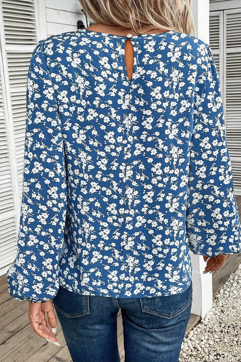 Blue Ditsy Floral Lantern Sleeve Blouse with round neckline