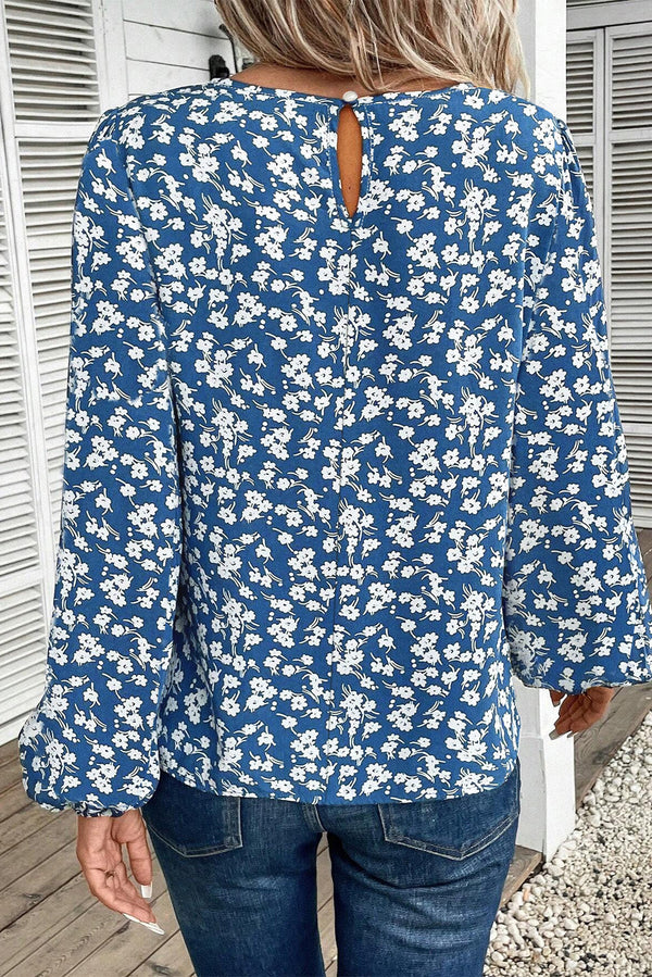 Blue Ditsy Floral Lantern Sleeve Blouse
