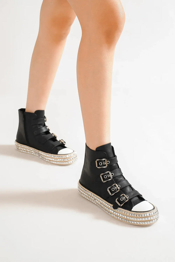 Black Shoes Multi-Buckle Studded Platform Sneakers
