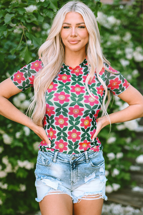Fiery Red Retro Floral Graphic Tee - Crew Neck T Shirt