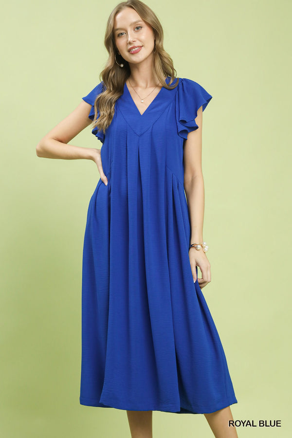 Ruffle Sleeve V-Neck Midi Dress with Pockets