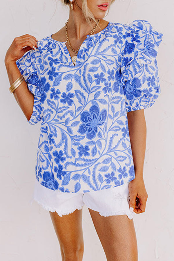 Womens Summer Blouse Top - Dark Blue Floral Ruffle Bubble Sleeve