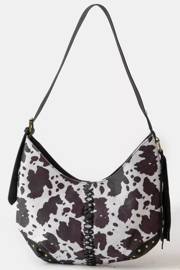 Cow Print Studded Hobo Shoulder Bag
