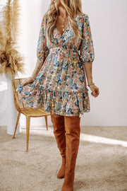 Sky blue floral ruffled dress in lightweight 100% polyester