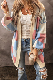 Light Blue Plaid Cardigan with exposed seam detail and long sleeves