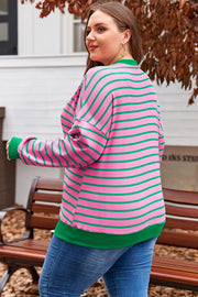 Pink stripe waffle knit sweatshirt with relaxed casual fit for plus sizes