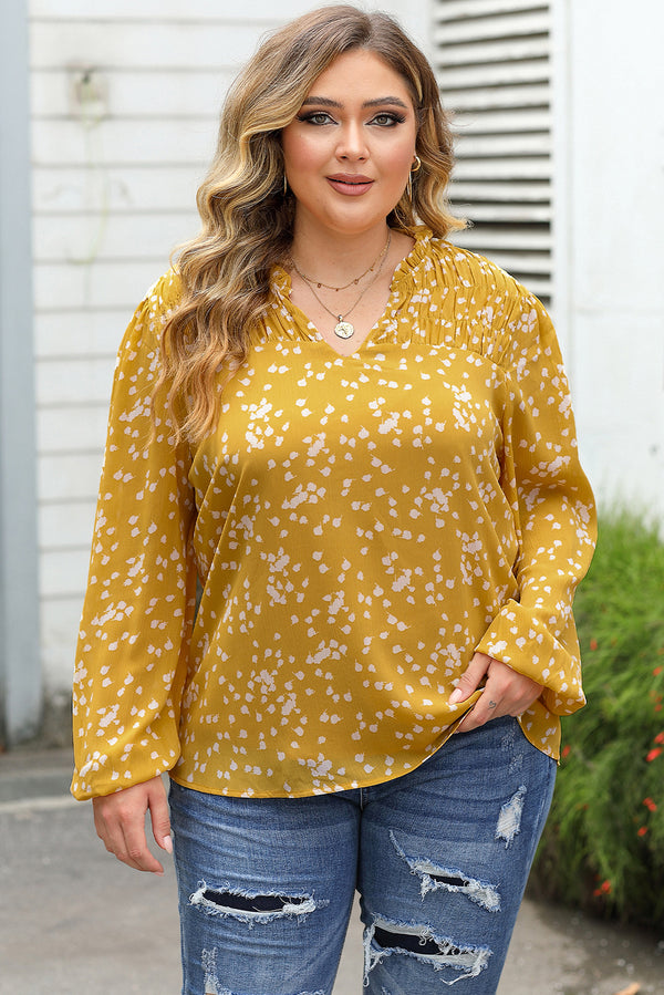 Work Blouse Womens Yellow Floral Plus Size Ruched Split Neck Blouse