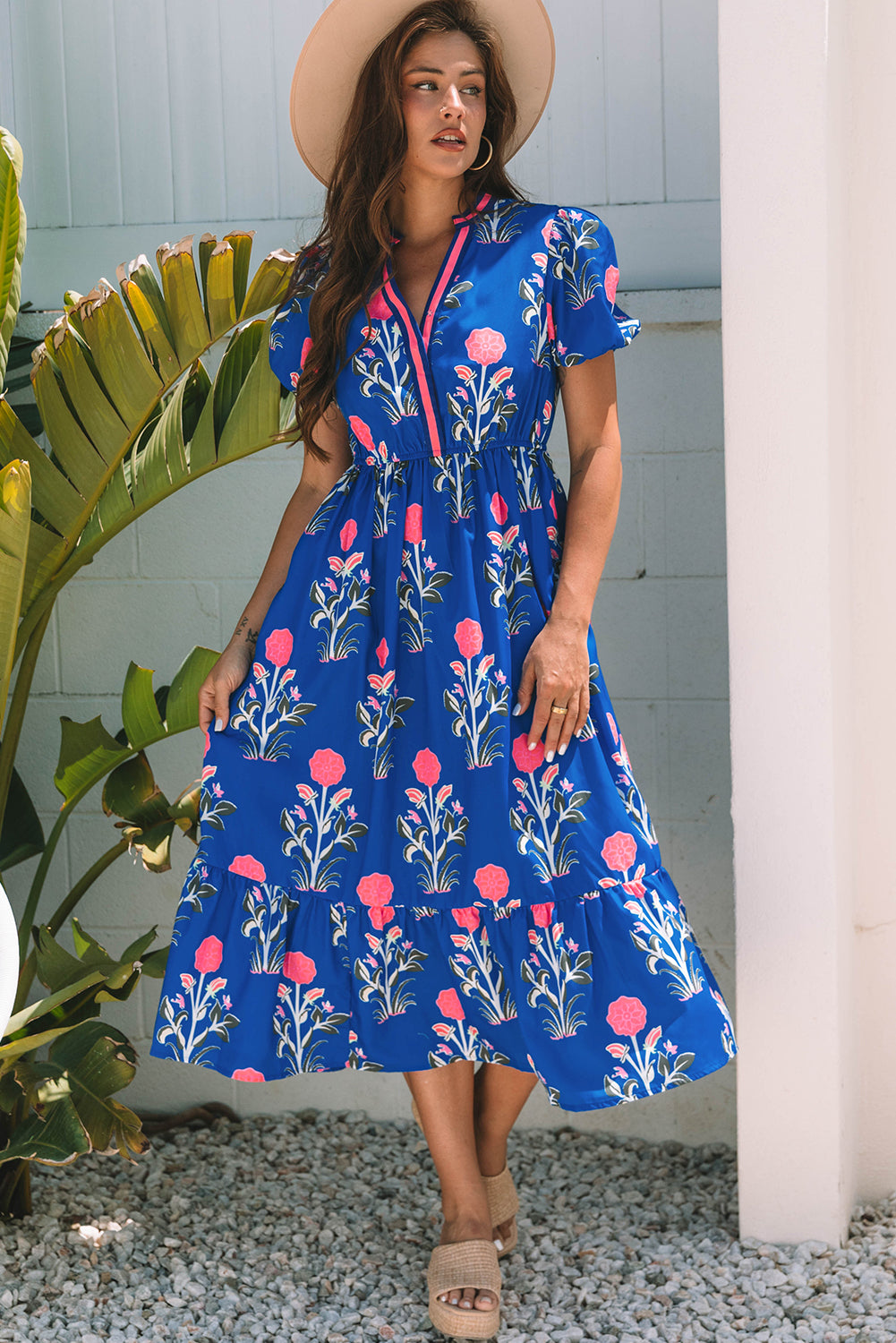 Sky Blue Floral Puff Sleeve Maxi Dress with notched V-neck