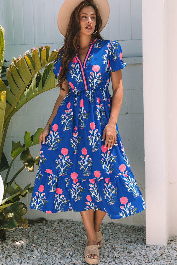 Sky Blue Floral Puff Sleeve V-Neck Maxi Dress
